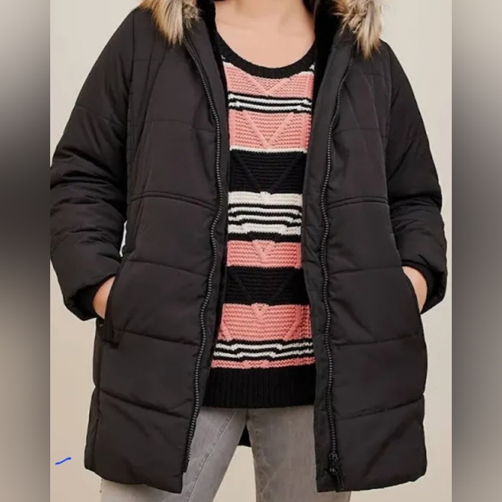 Torrid Nylon Fur Trim Fit And Flare Puffer Jacket Black Size 00